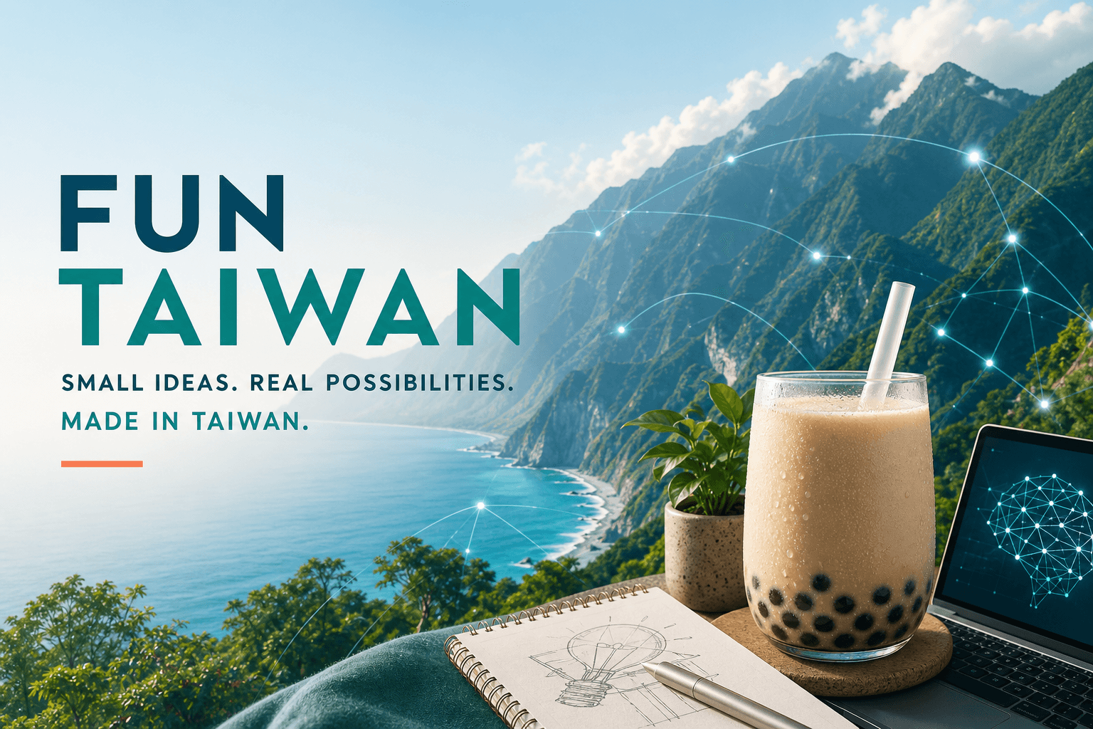 FUN TAIWAN 品牌視覺，結合台灣山海、珍珠奶茶與創意